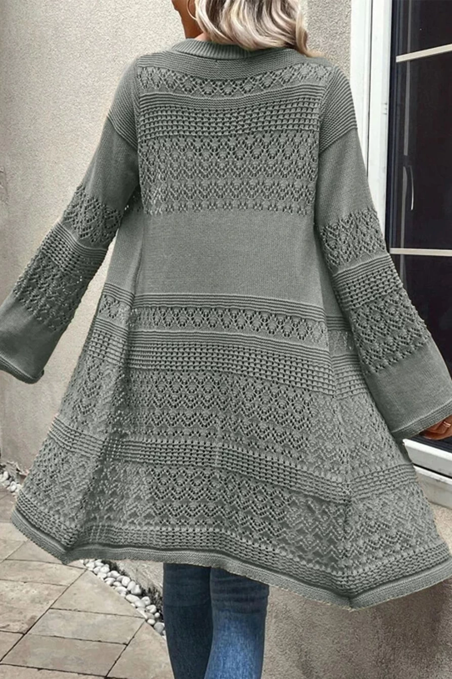 Shewin Women's Gray Pointelle Knit Long Cardigan Open Front Sweater
