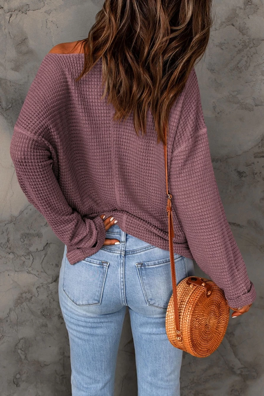 Shewin Women's Purple Waffle Knit Long Sleeve Top with Split V Neck & Drop Shoulder