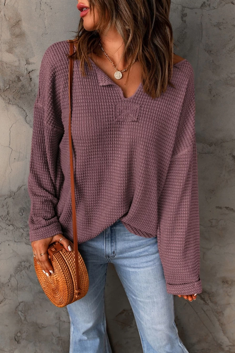 Shewin Women's Purple Waffle Knit Long Sleeve Top with Split V Neck & Drop Shoulder