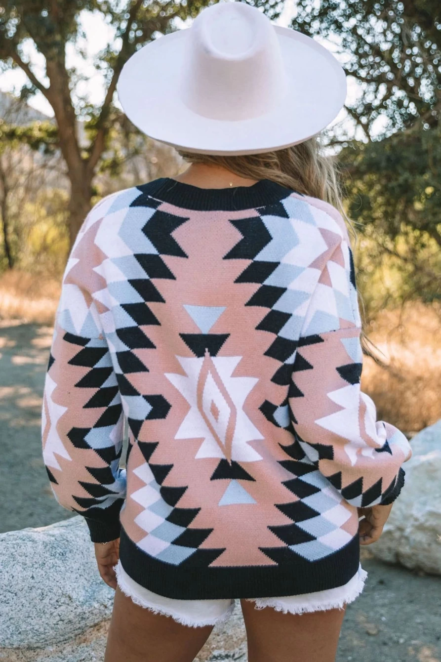 Shewin Women's Pink Chevron Colorblock Knit Cardigan Casual Long Sleeve Open Front Sweater