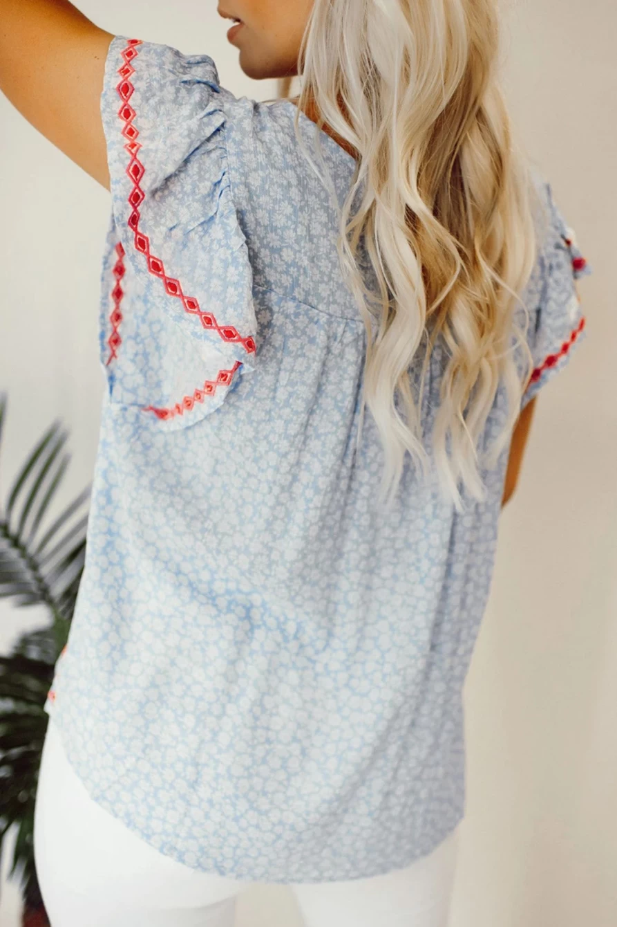 Shewin Women's Sky Blue Boho Floral Embroidered Flutter Sleeve Blouse
