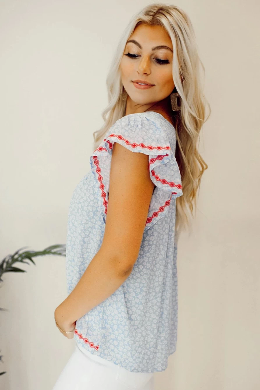 Shewin Women's Sky Blue Boho Floral Embroidered Flutter Sleeve Blouse