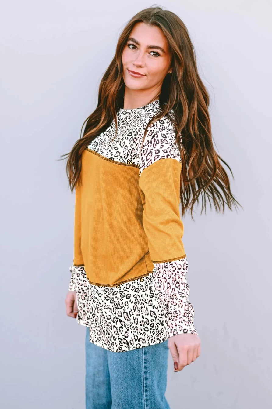 Shewin Women's Vitality Orange Leopard Print Waffle Knit Patchwork Top