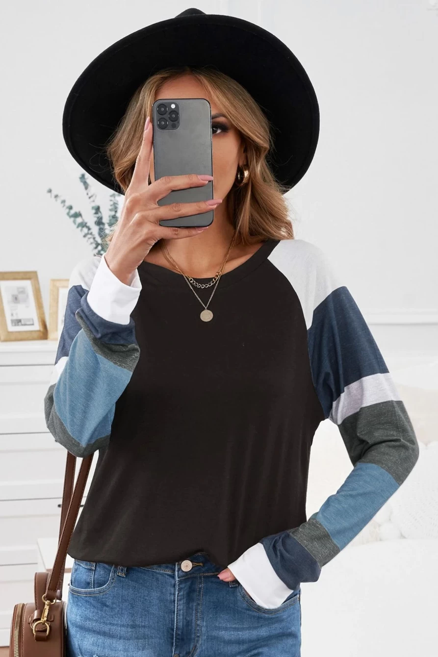 Shewin Women's Black Color Block Long Sleeve Pullover Top