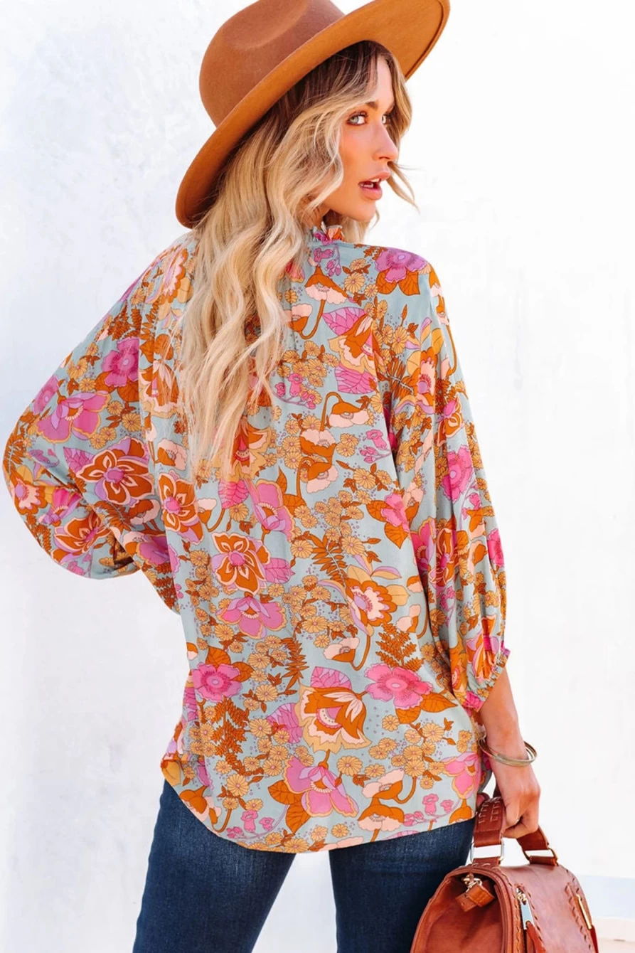 "Shewin Women's Sky Blue Floral Print Loose Fit Ruched V-Neck Blouse"