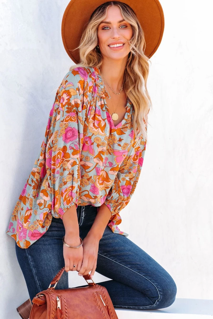 "Shewin Women's Sky Blue Floral Print Loose Fit Ruched V-Neck Blouse"
