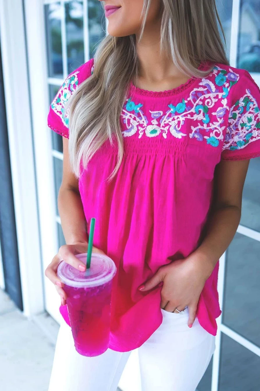 "SheWin Women's Rose Red Floral Embroidered Smocked Blouse"