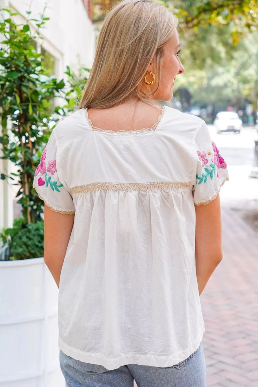 Shewin Women's White Floral Embroidered Lace Blouse Square Neck Splicing Top