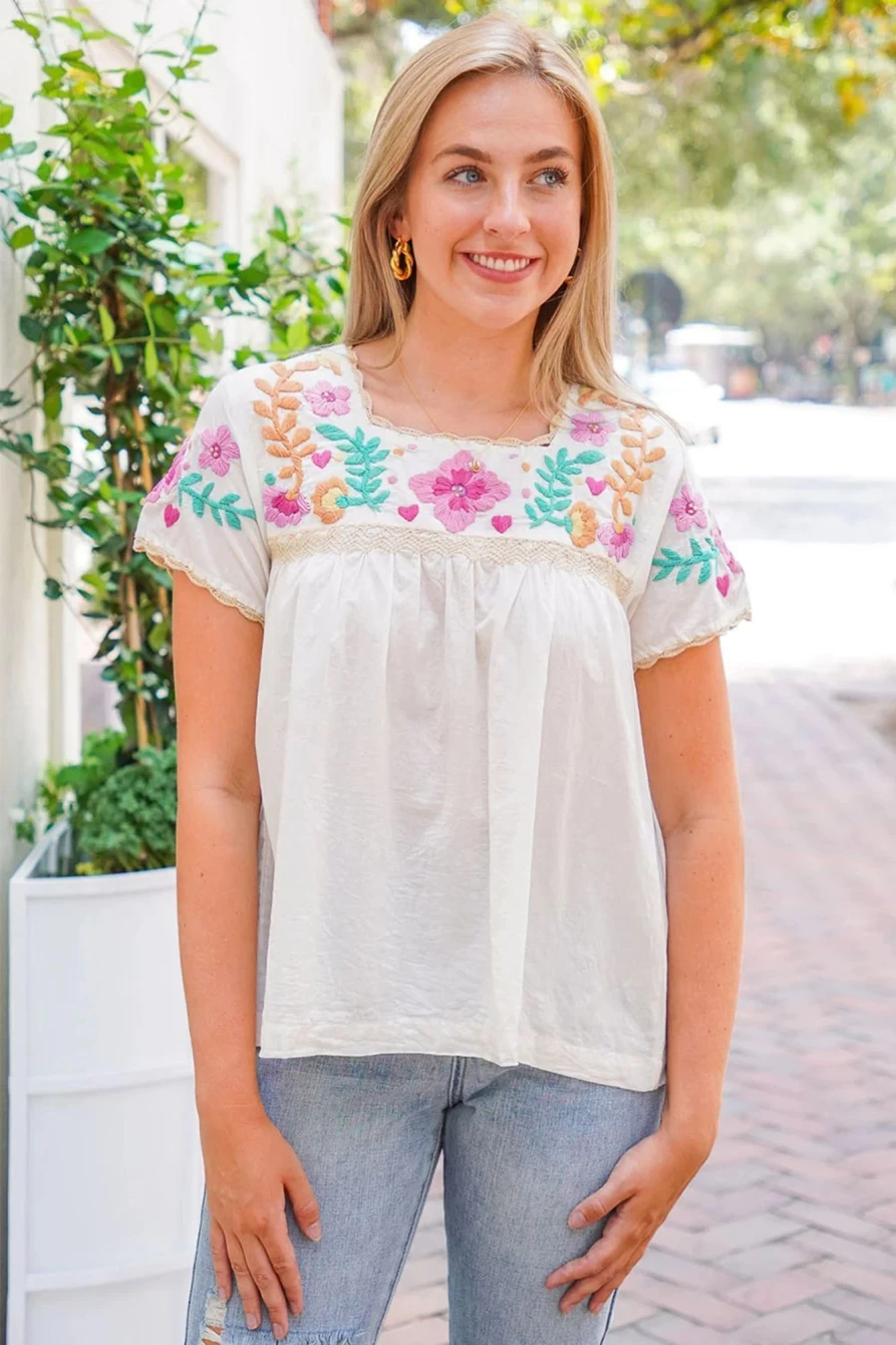 Shewin Women's White Floral Embroidered Lace Blouse Square Neck Splicing Top
