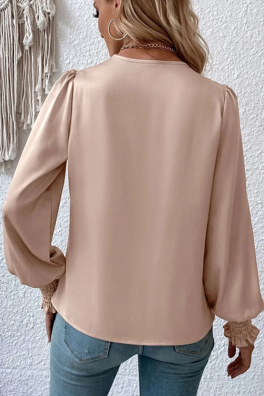 Shewin Women's Apricot Draped Long Sleeve Wrap Blouse Elegant Tunic Top