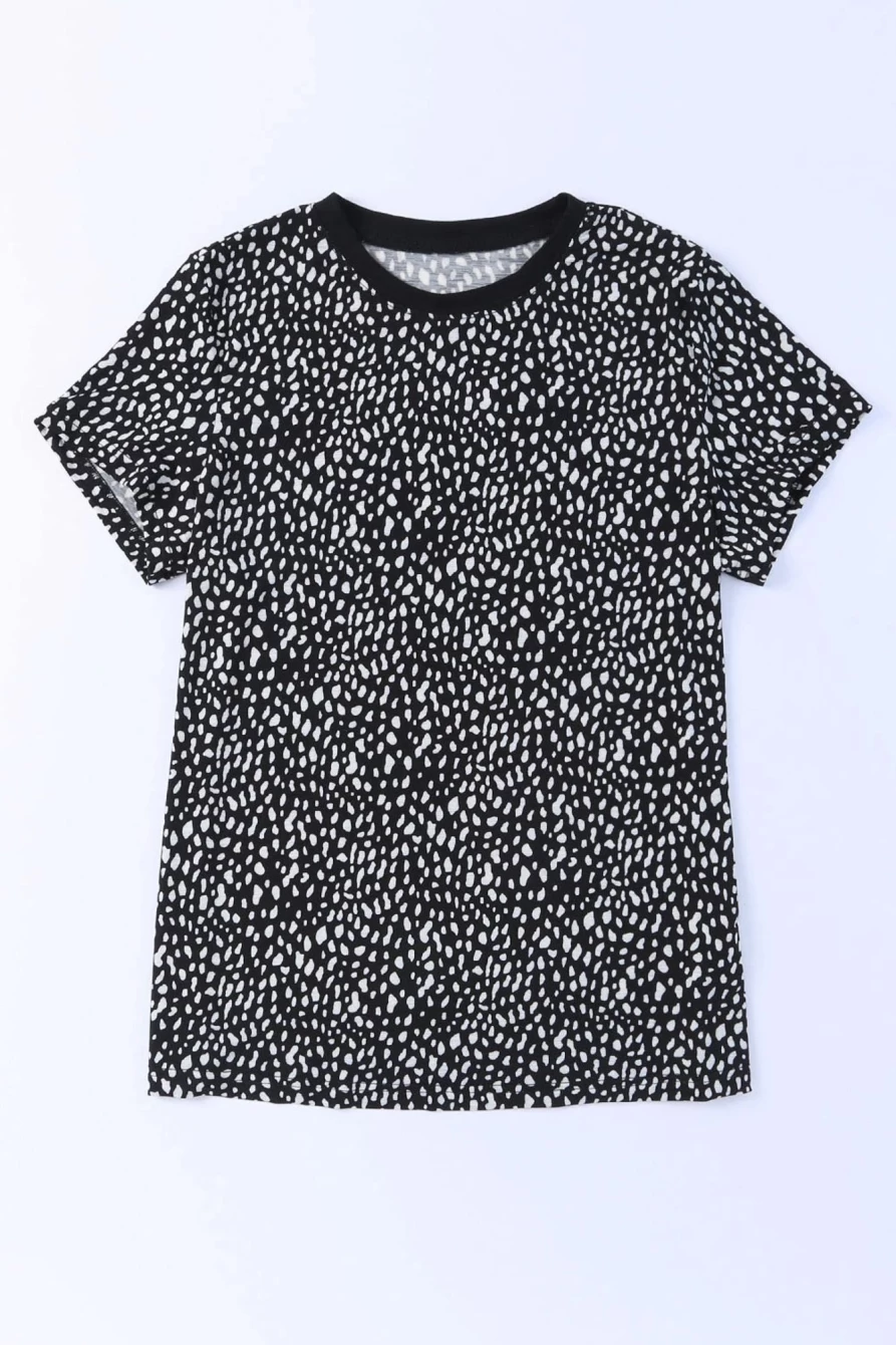 Shewin Women's Black Cheetah Print Casual T-Shirt - Short Sleeve Crew Neck Tee