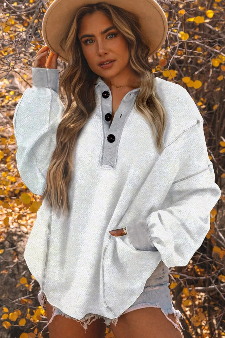 Women's Bright White Shewin Henley Sweatshirt with Contrast Trim Collar
