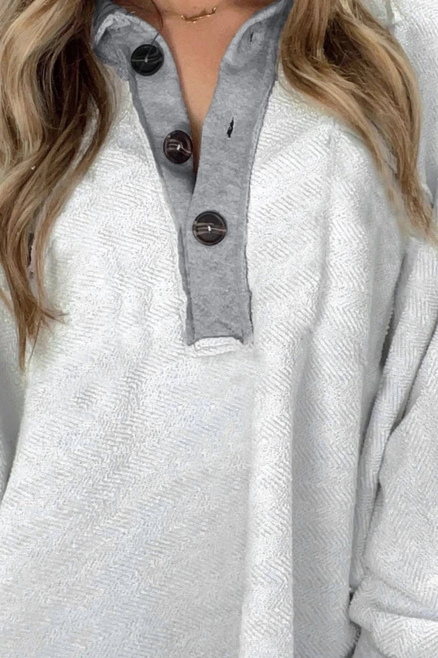 Women's Bright White Shewin Henley Sweatshirt with Contrast Trim Collar