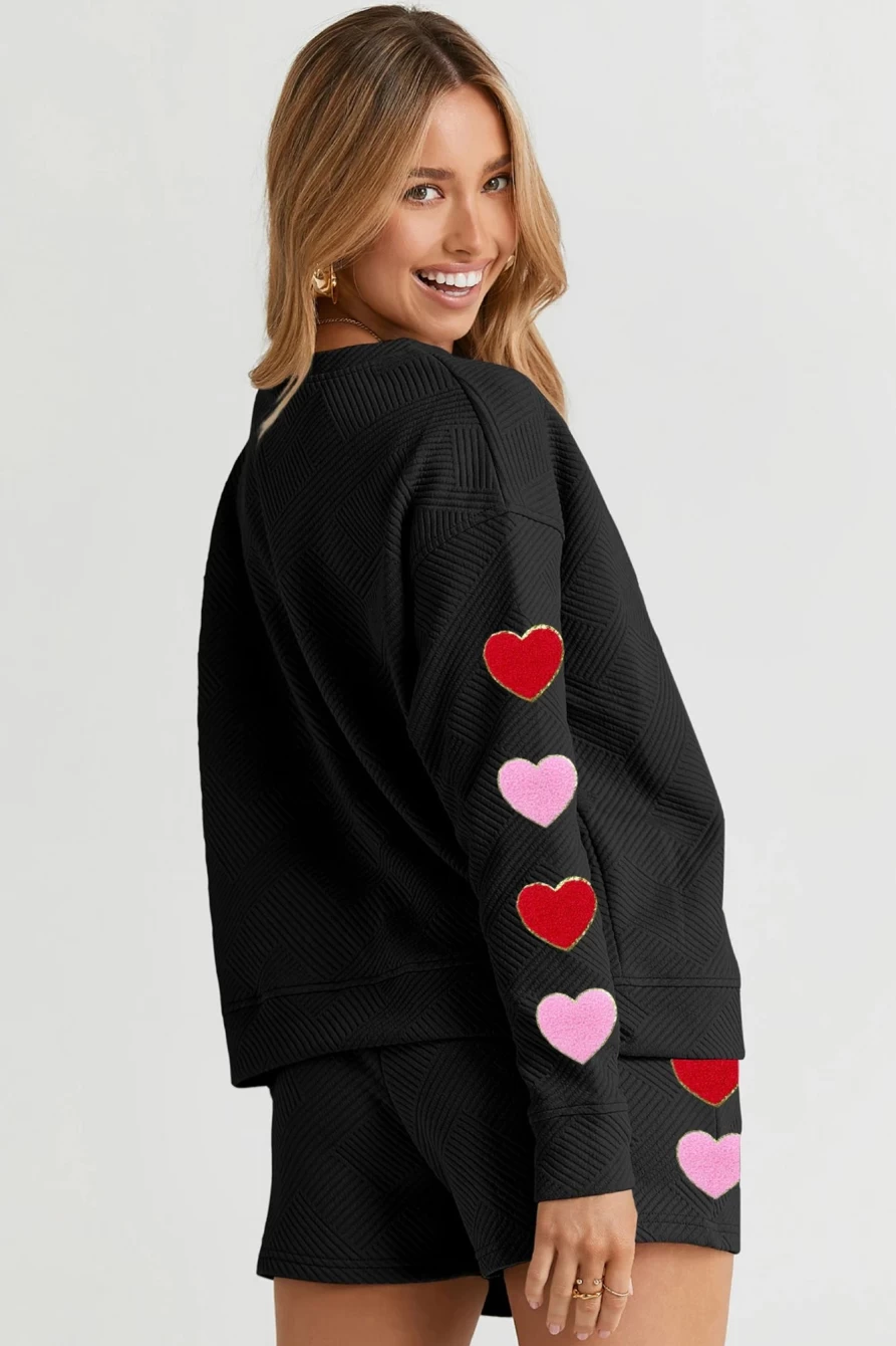 Shewin Women's Black Textured Heart Patch Graphic Long Sleeve Top & Shorts Set
