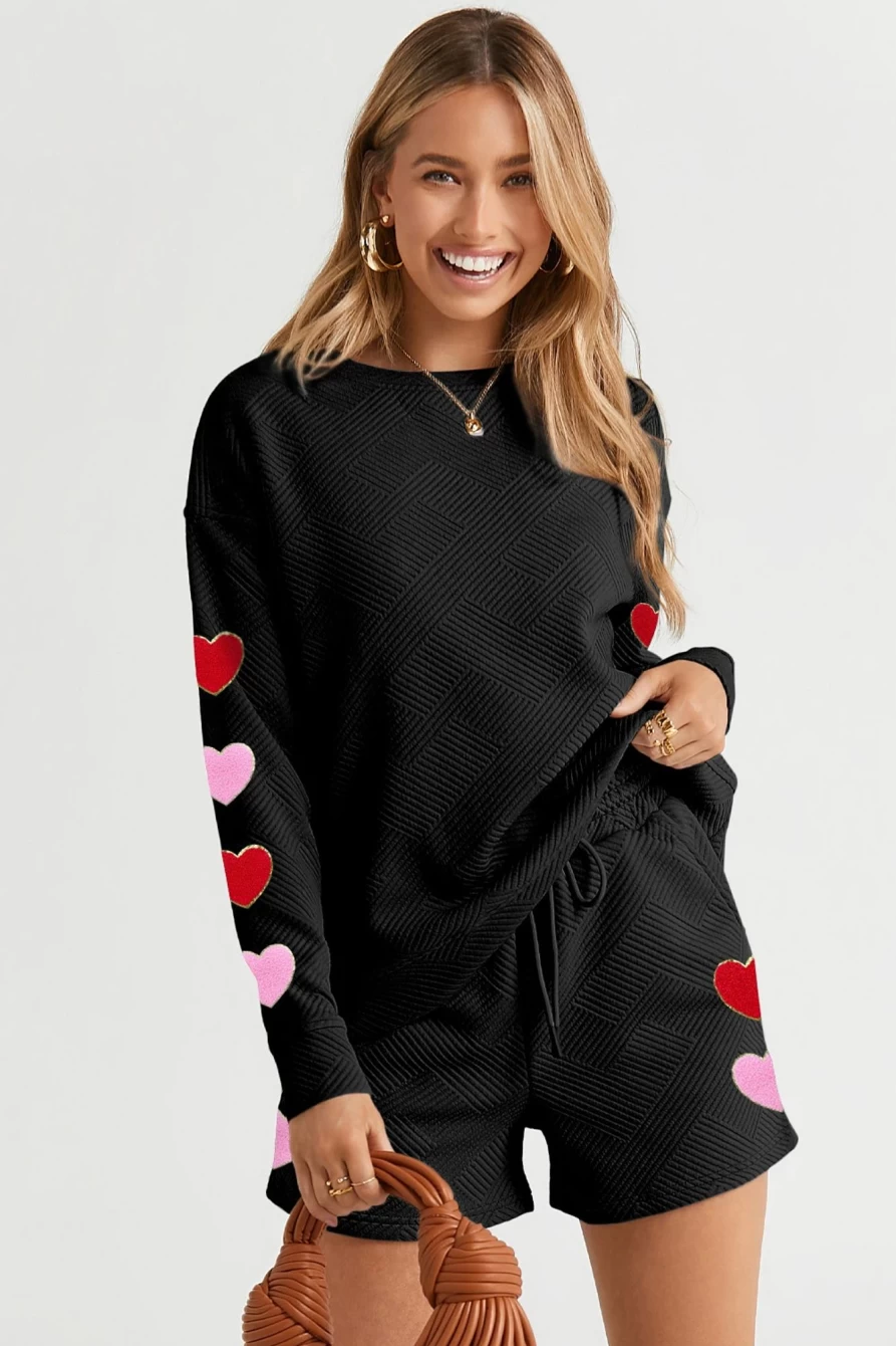 Shewin Women's Black Textured Heart Patch Graphic Long Sleeve Top & Shorts Set