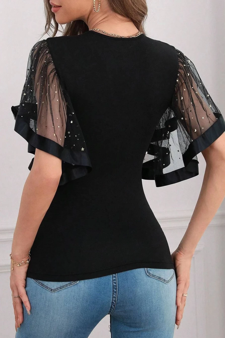 Shewin Women's Black Stars Mesh Top with Flutter Sleeves & Keyhole Neck - Slim Fit