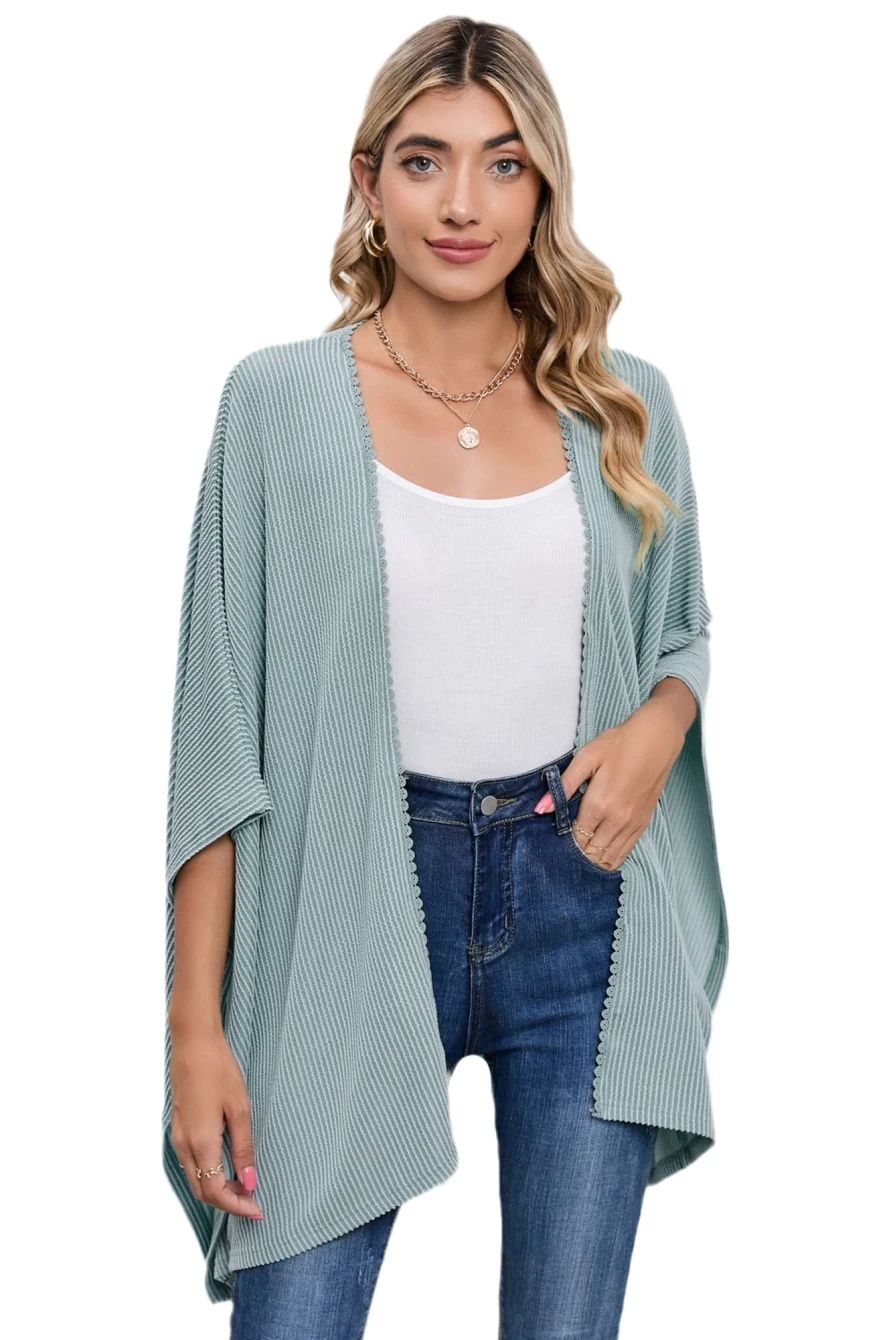 "Shewin Women's Sky Blue Textured Lace Trim Open Front Kimono Cardigan"
