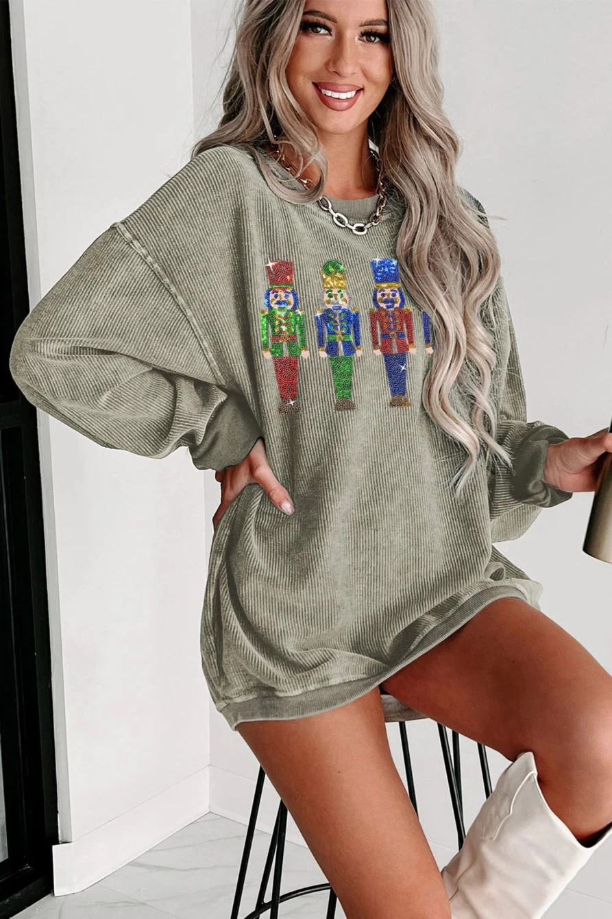 Shewin Women's Green Christmas Nutcracker Sweatshirt with Corded Sequins Detail