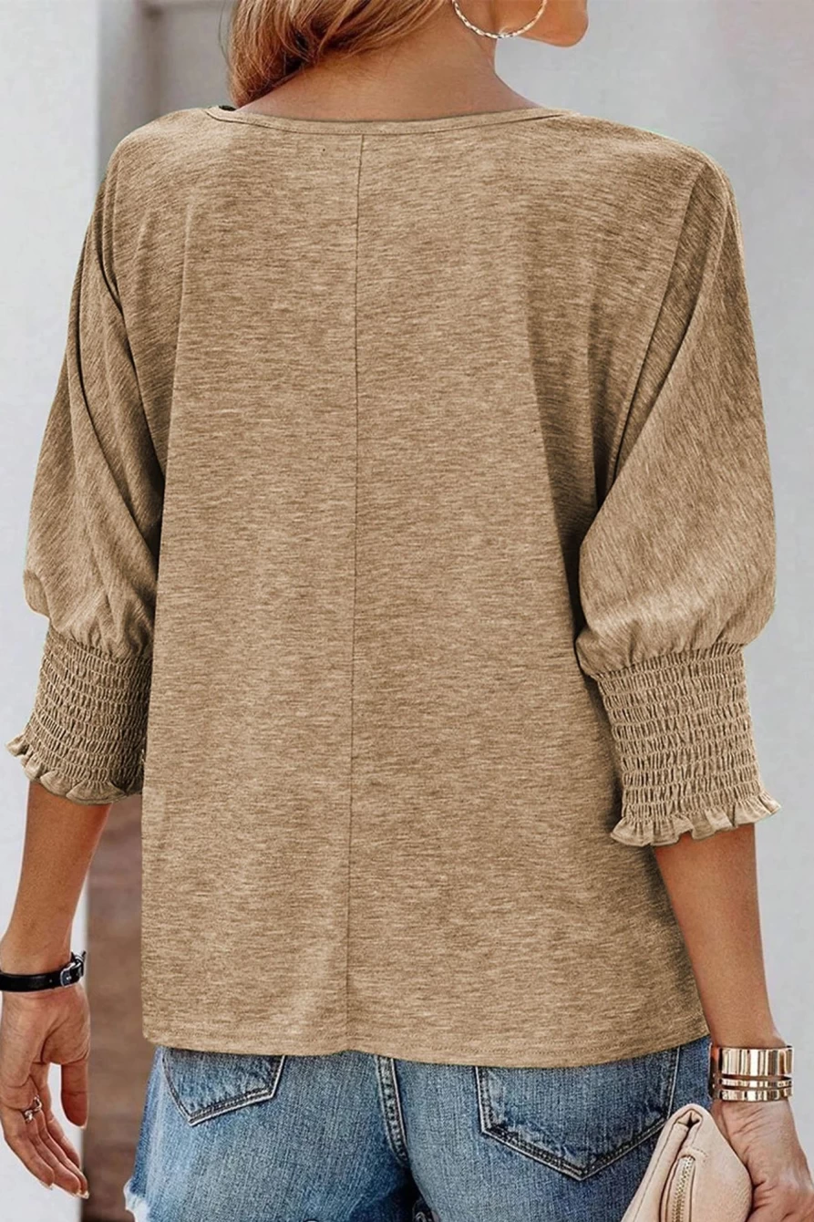 Shewin Women's Khaki Plain Smocked 3/4 Sleeve Casual Loose T-Shirt