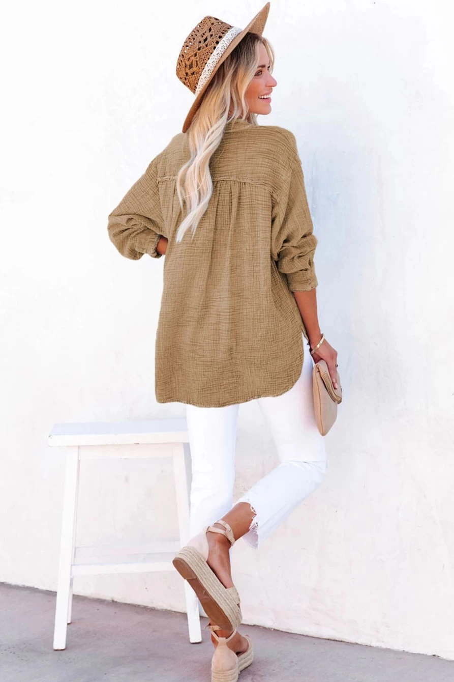 Shewin Women's Brown Loose Crinkle Button V-Neck Henley Top