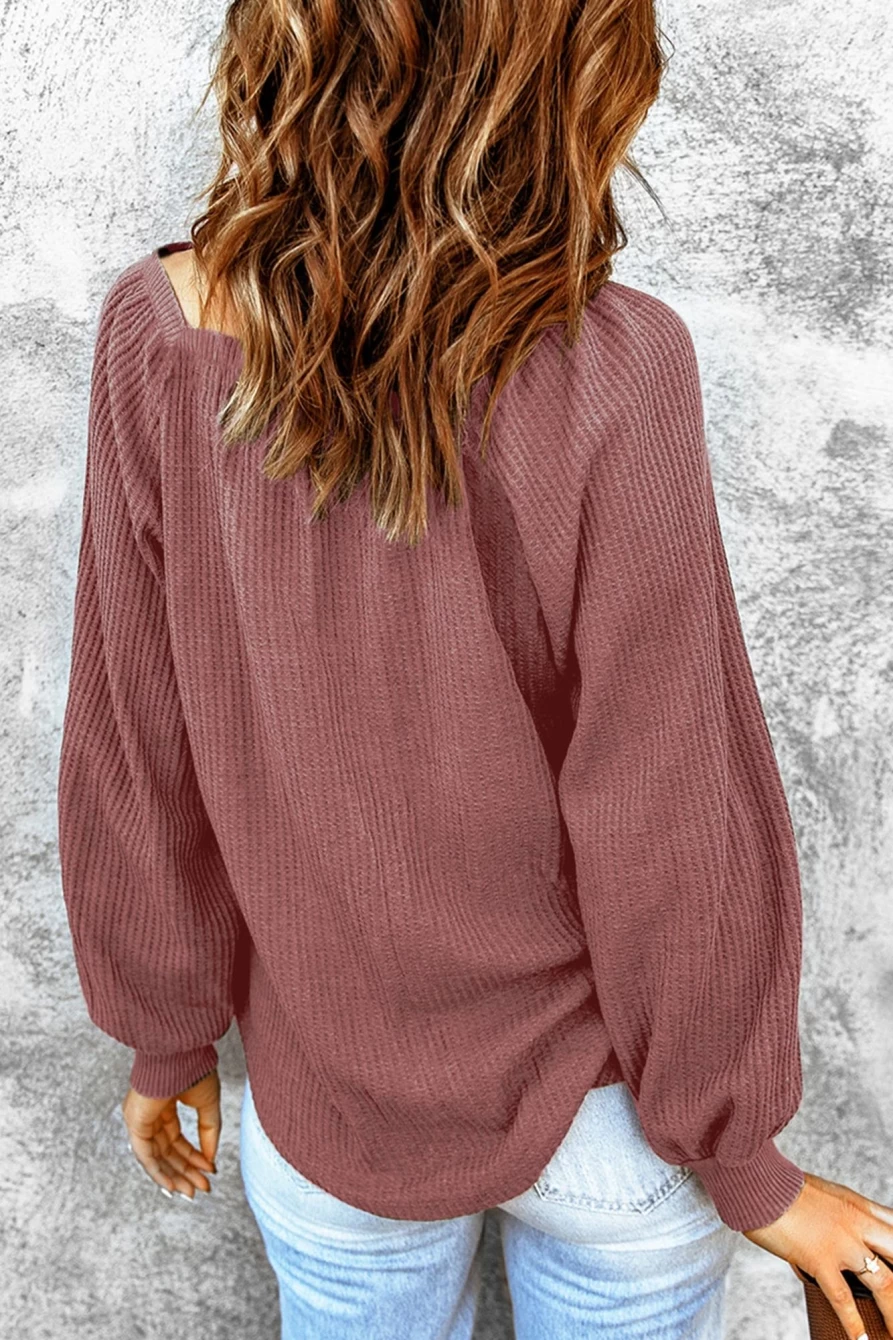 Shewin Women's Pink Waffle Texture Square Neck Casual Pullover Top