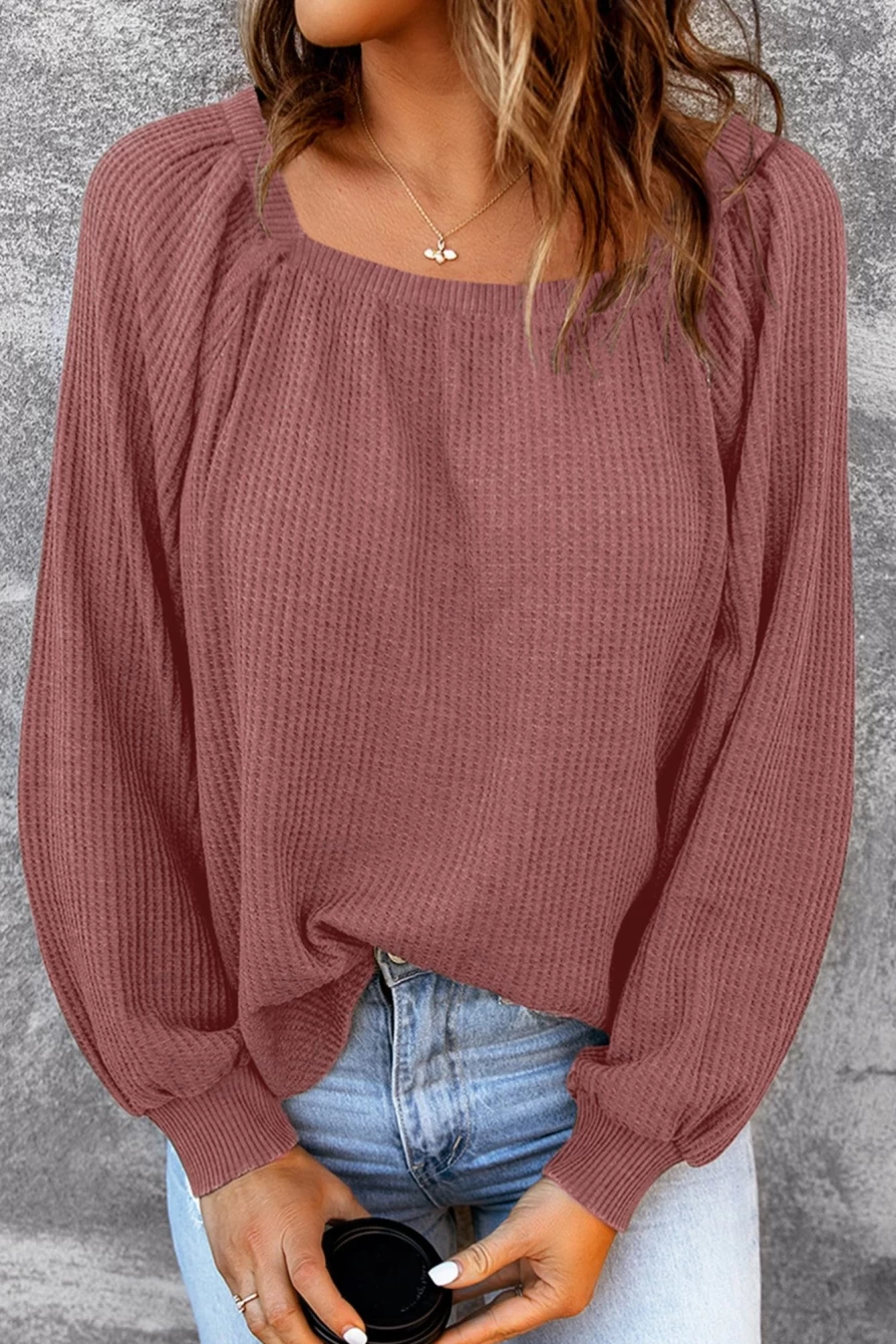 Shewin Women's Pink Waffle Texture Square Neck Casual Pullover Top
