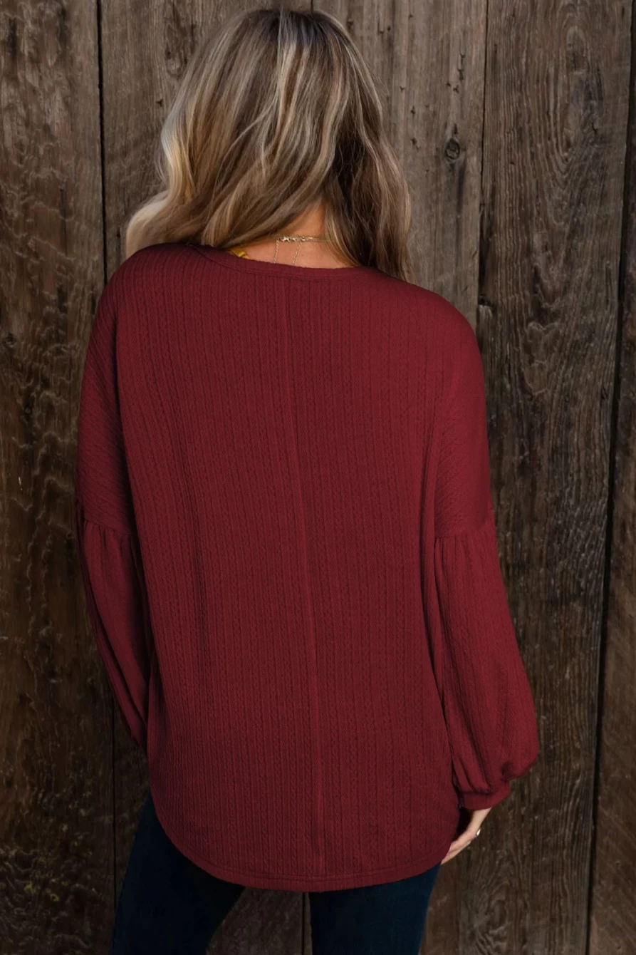 Shewin Women's Ruby Solid Color Textured Lantern Sleeve Blouse