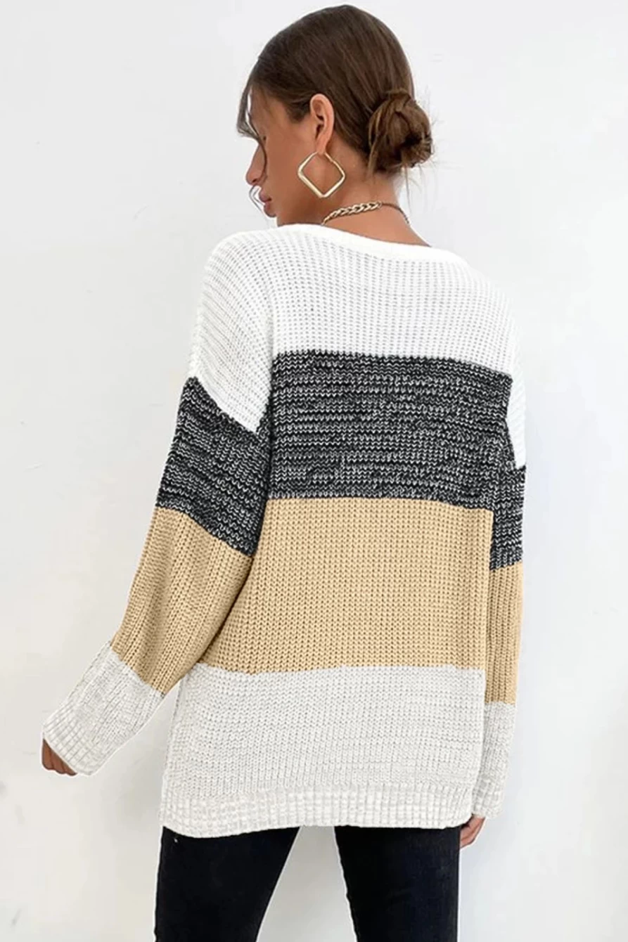 Shewin Women's Multicolour Cable Knit Sweater with Drop Sleeve & Color Block Design