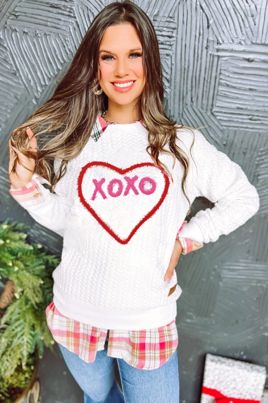 Shewin Women's White Valentine Heart Xoxo Graphic Quilted Sweatshirt for Love & Romance