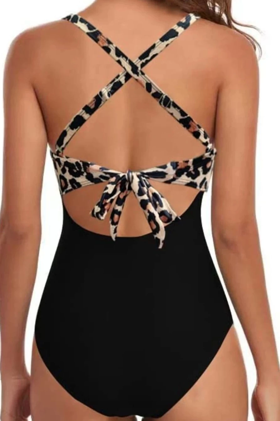 Shewin Women's Black Leopard Print V-Neck Colorblock One Piece Swimsuit