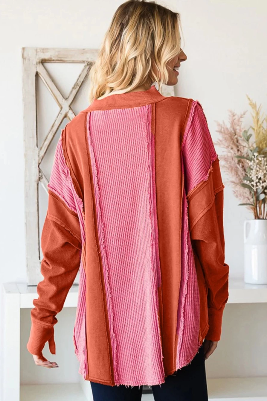 Shewin Women's Red Waffle Knit Long Sleeve Top with Thumbholes & Patchwork Design
