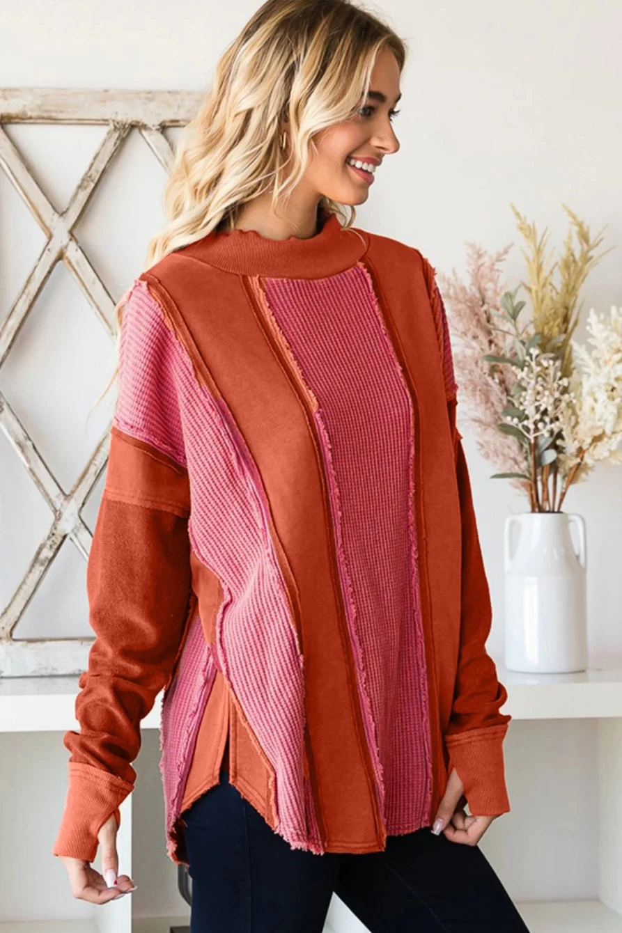 Shewin Women's Red Waffle Knit Long Sleeve Top with Thumbholes & Patchwork Design
