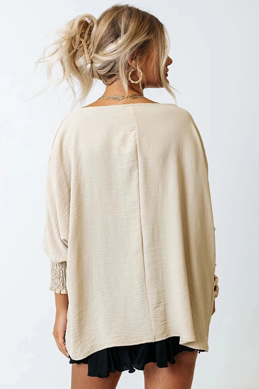 Shewin Women's Apricot Solid Casual Blouse with Smocked Cuffs & Batwing Sleeves