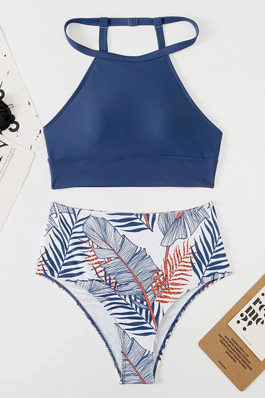 Shewin Women's Blue Tropical Print High Waisted Swimsuit - Color Block Back Split Design