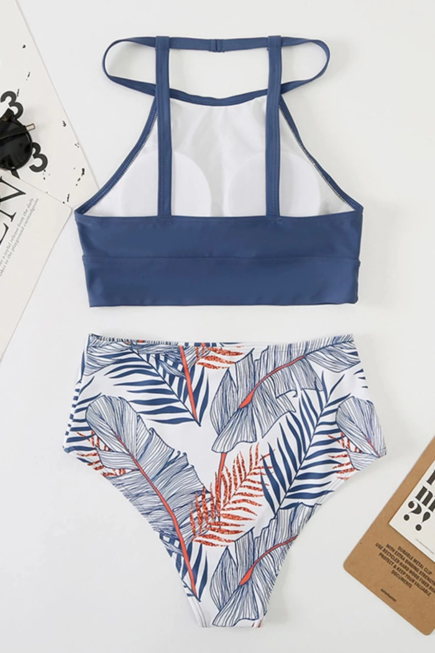 Shewin Women's Blue Tropical Print High Waisted Swimsuit - Color Block Back Split Design