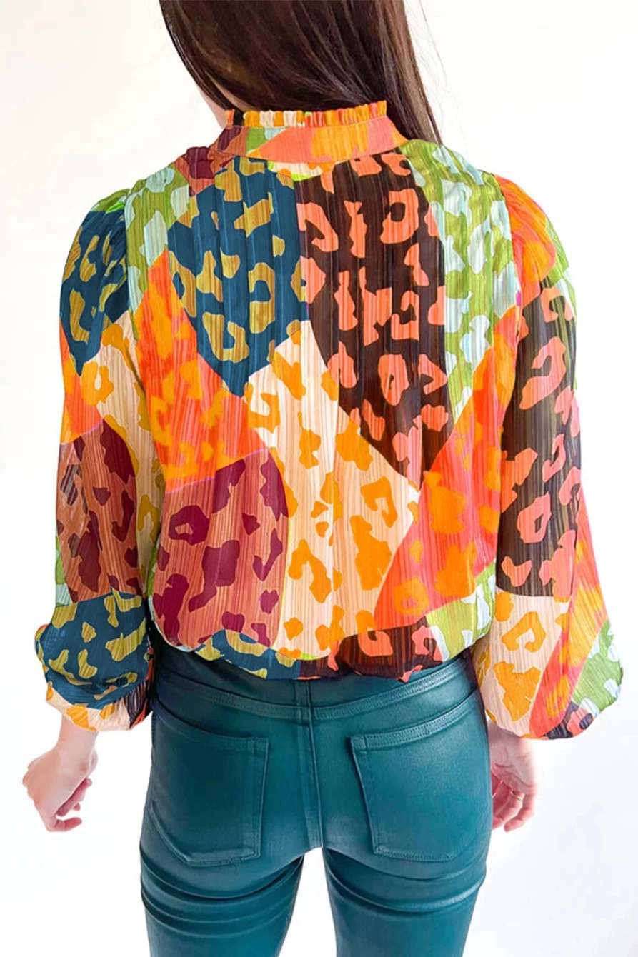 "SheWin Women's Orange Leopard Print Crinkle Blouse with Puff Sleeves"