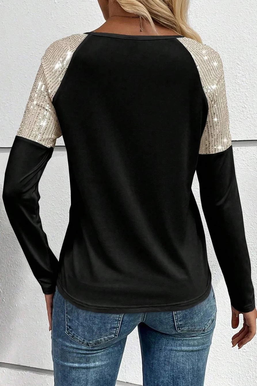 Shewin Women's Black Sequin Patch Raglan Sleeve Top with Chest Pocket