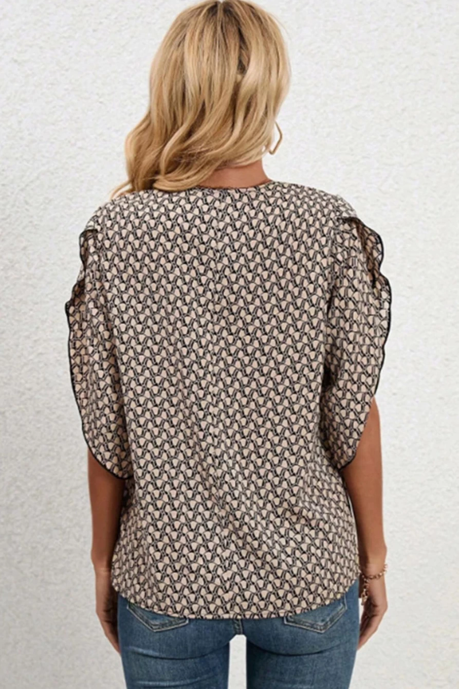 Shewin Women's Black Bohemian Floral Lace V-Neck Blouse with Petal Sleeves