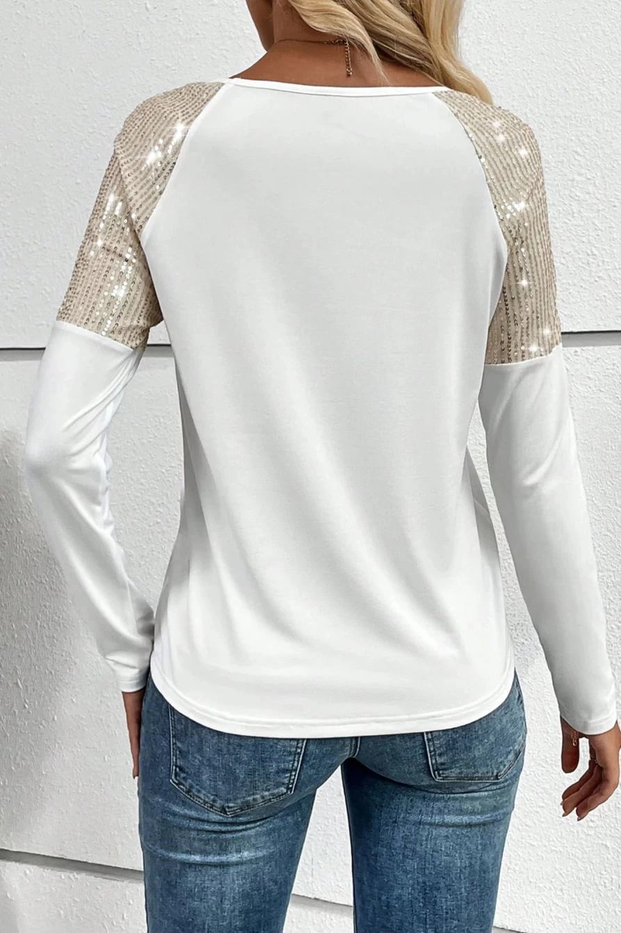 Shewin Women's White Sequin Patch Raglan Sleeve Top with Chest Pocket