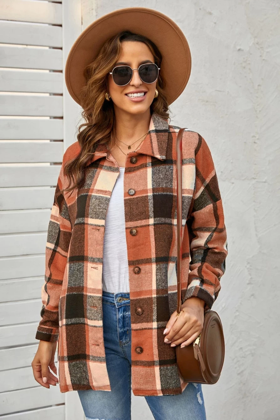 Women's Orange Plaid Flannel Shacket with Button Up Long Sleeves by Shewin