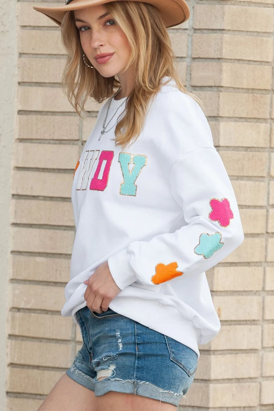 Shewin Women's White Glitter Howdy Star Patch Casual Sweatshirt