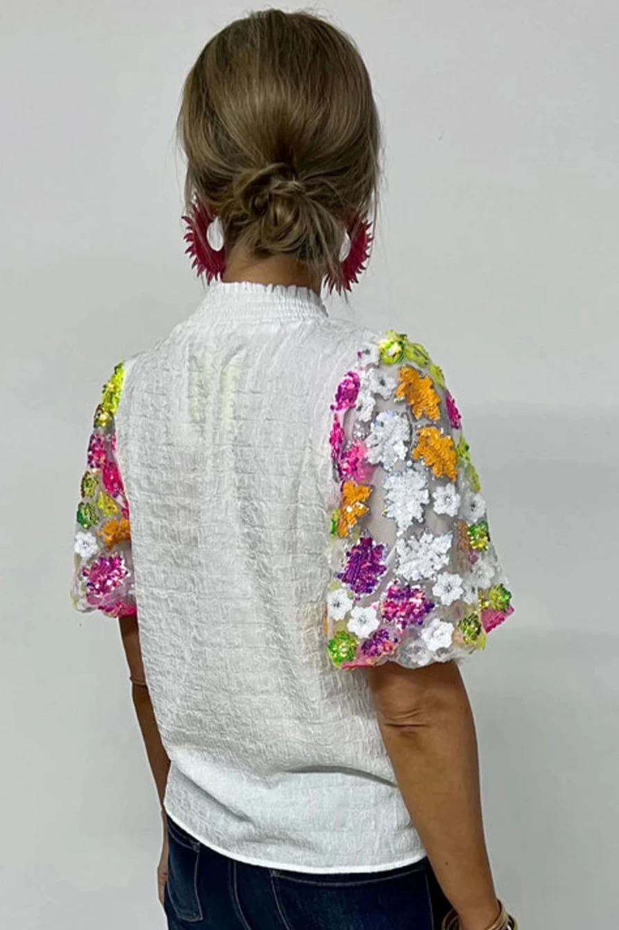 Shewin Women's White Smocked Neck Sequin Floral Puff Sleeve Textured Blouse Top