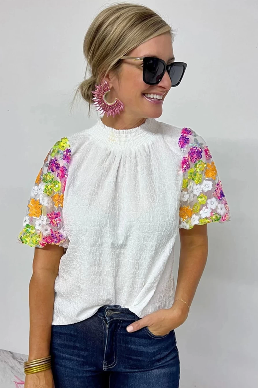 Shewin Women's White Smocked Neck Sequin Floral Puff Sleeve Textured Blouse Top