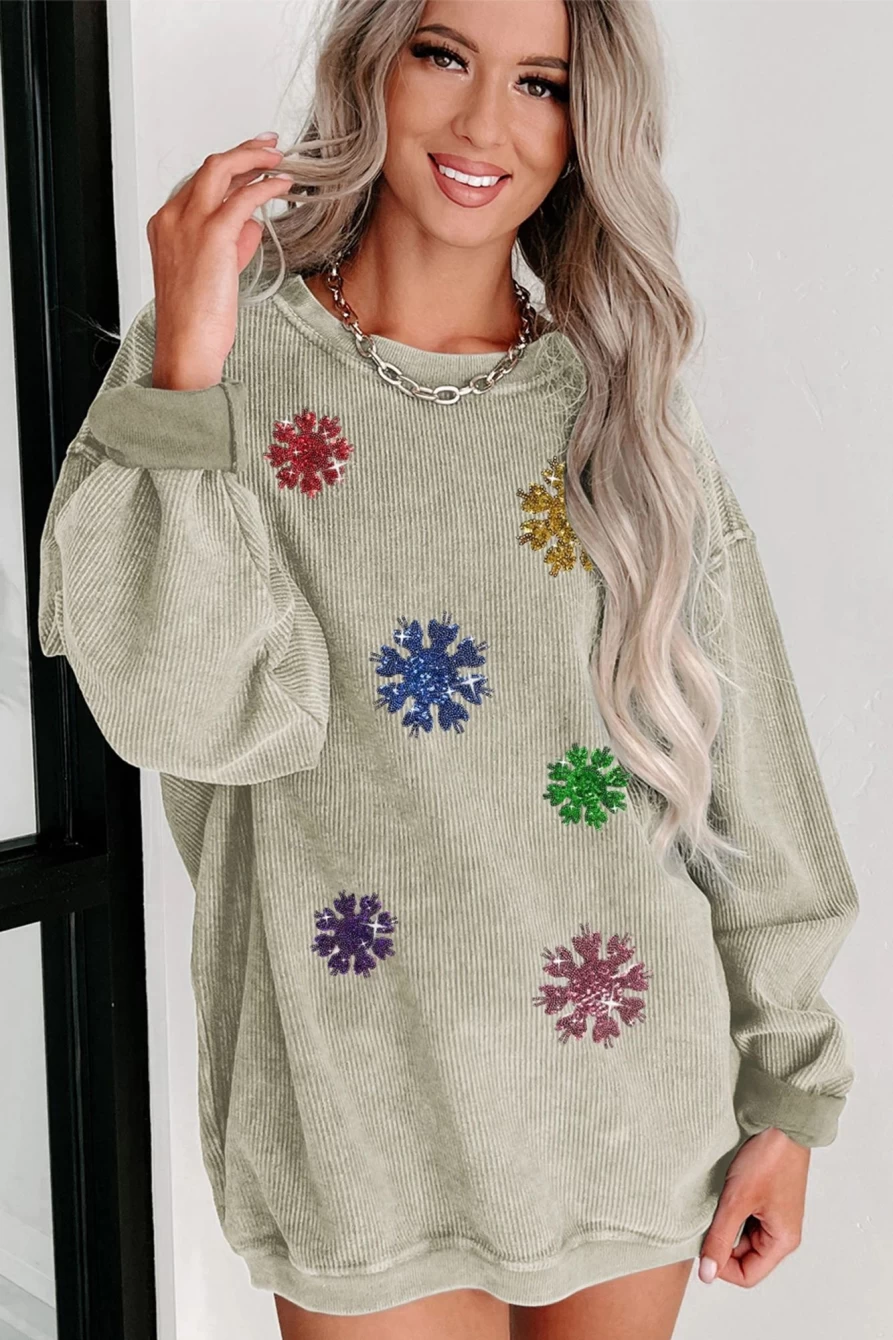 Shewin Women's Green Sequin Snowflake Graphic Drop Shoulder Sweatshirt