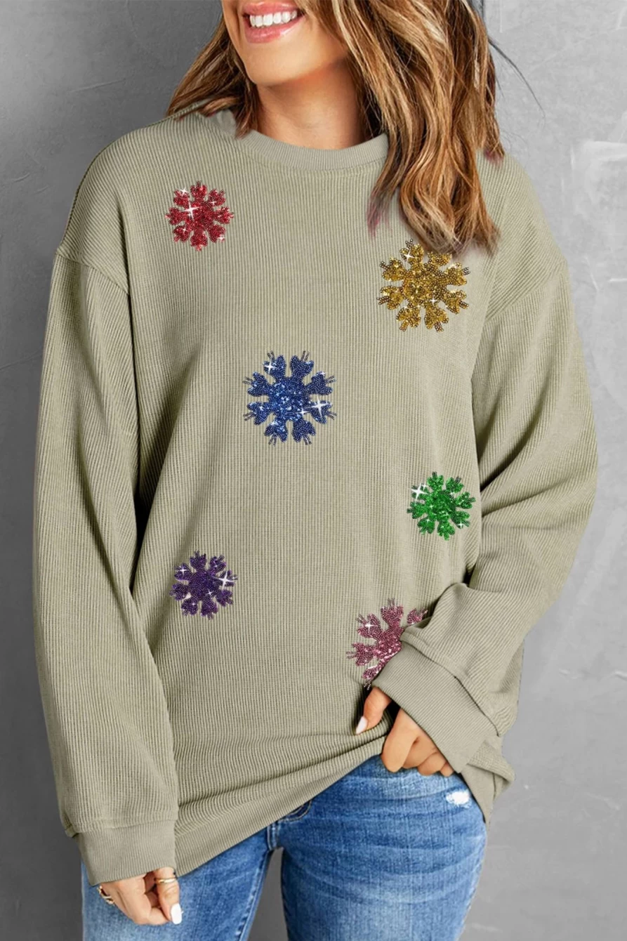 Shewin Women's Green Sequin Snowflake Graphic Drop Shoulder Sweatshirt
