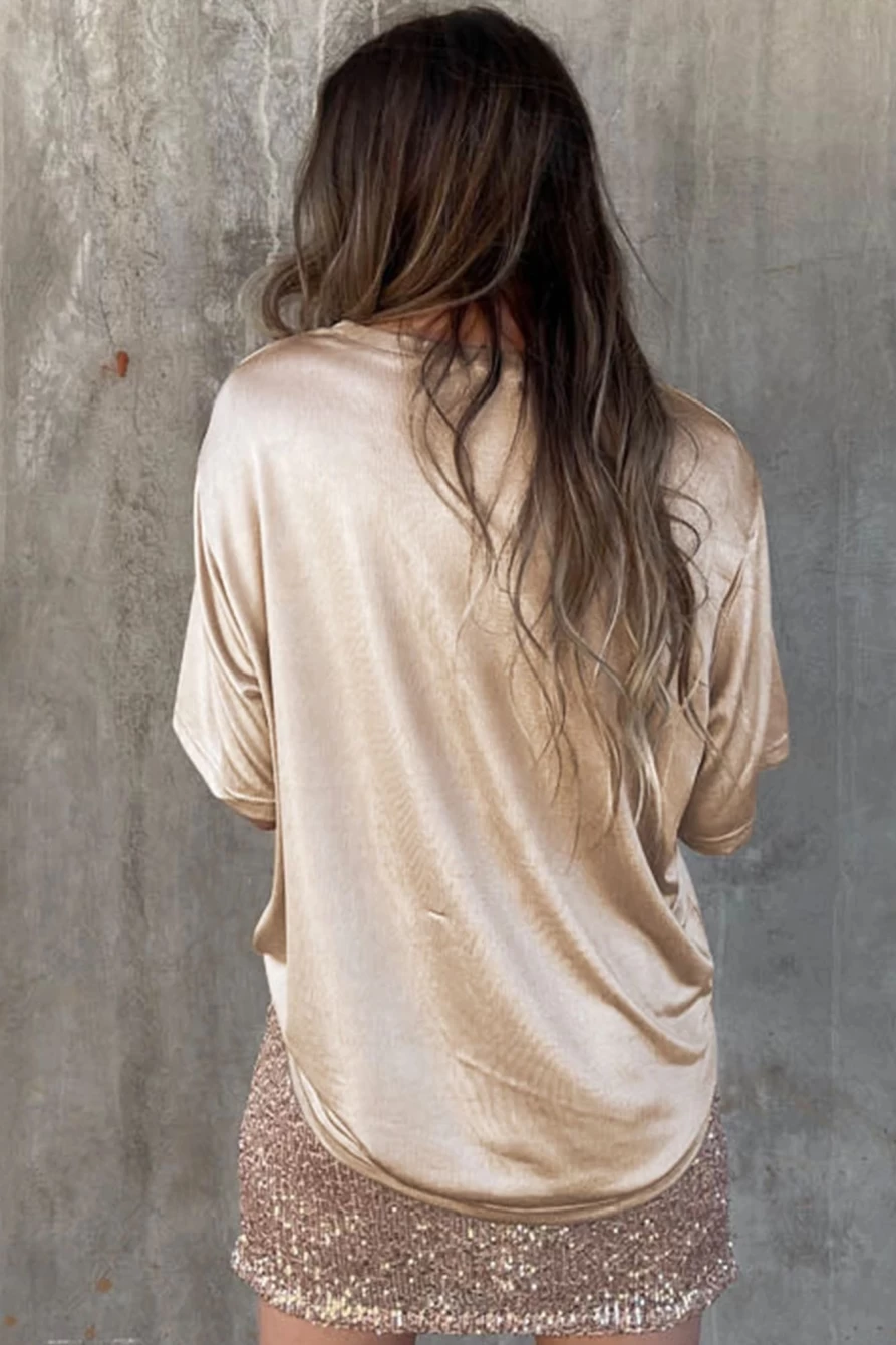 Shewin Women's Apricot Solid Loose Fit T-Shirt with Chest Pocket