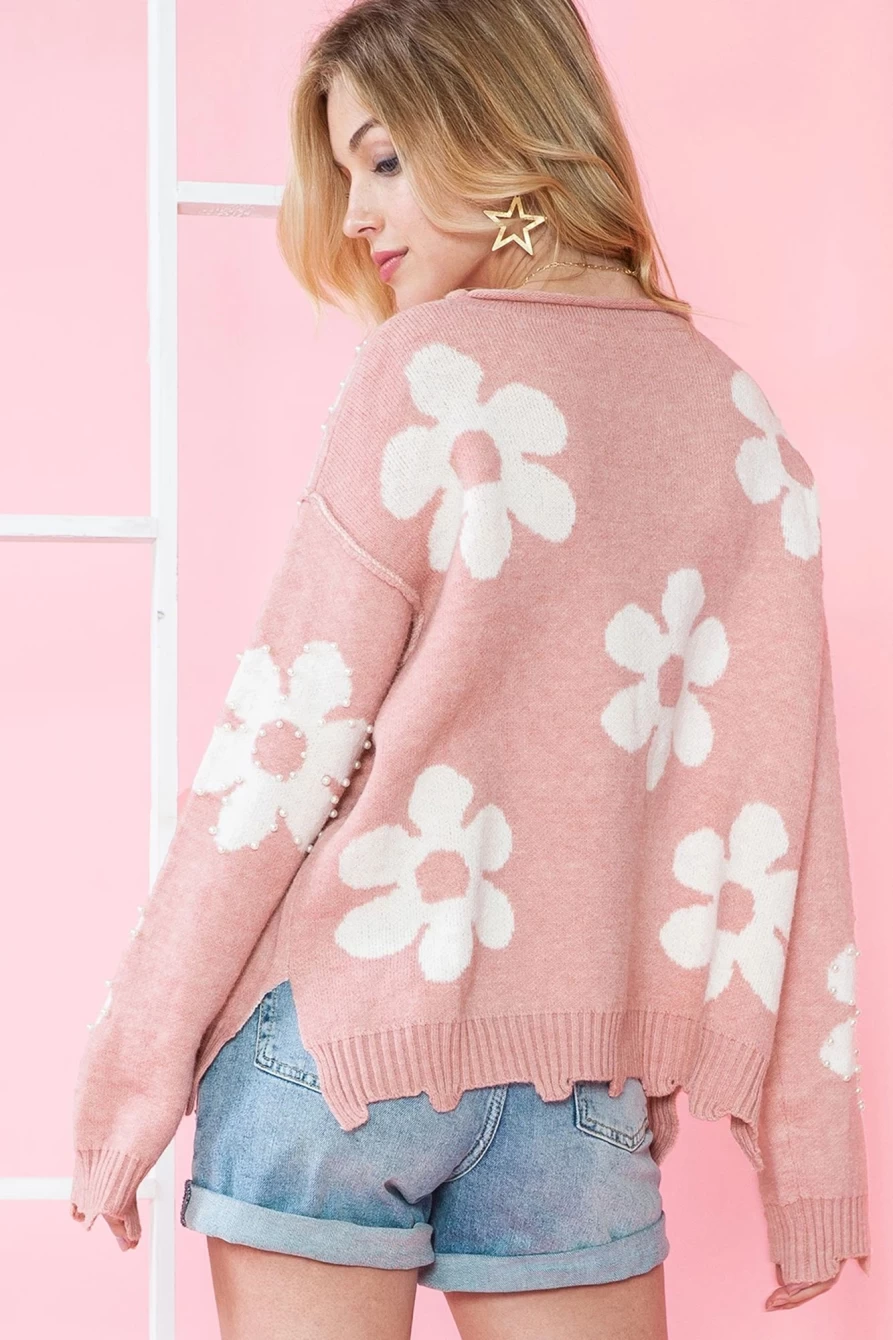 Shewin Women's Multicolor Pearl Beaded Floral Drop Shoulder Sweater