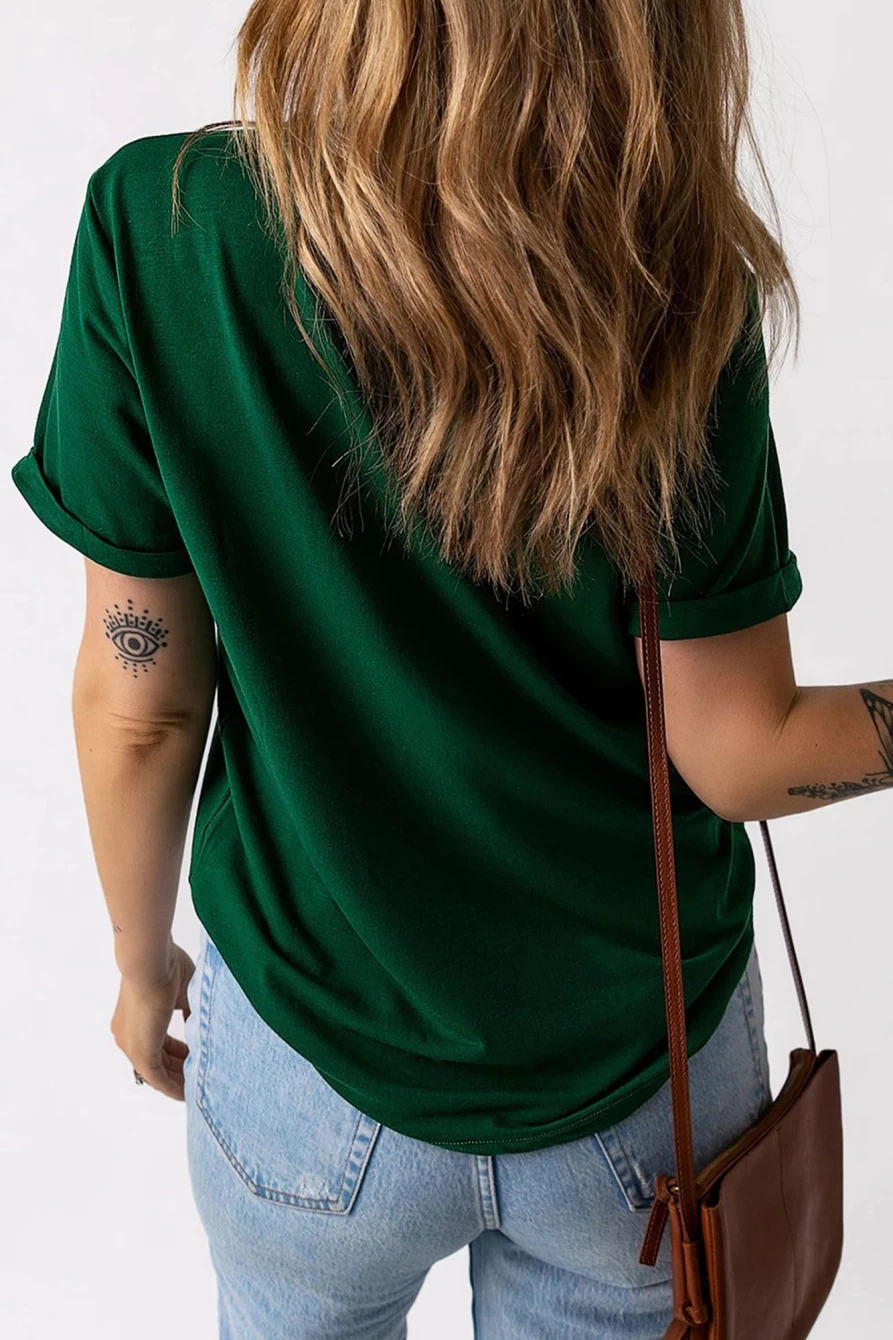 Shewin Women's Green Geometric Clover Print Crew Neck T-Shirt
