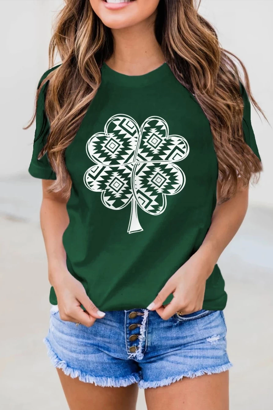 Shewin Women's Green Geometric Clover Print Crew Neck T-Shirt