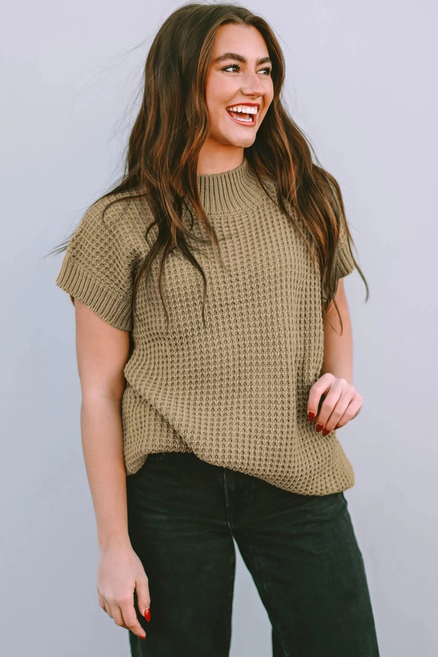 Shewin Women's Light French Beige Textured Ribbed Mock Neck Knit Sweater